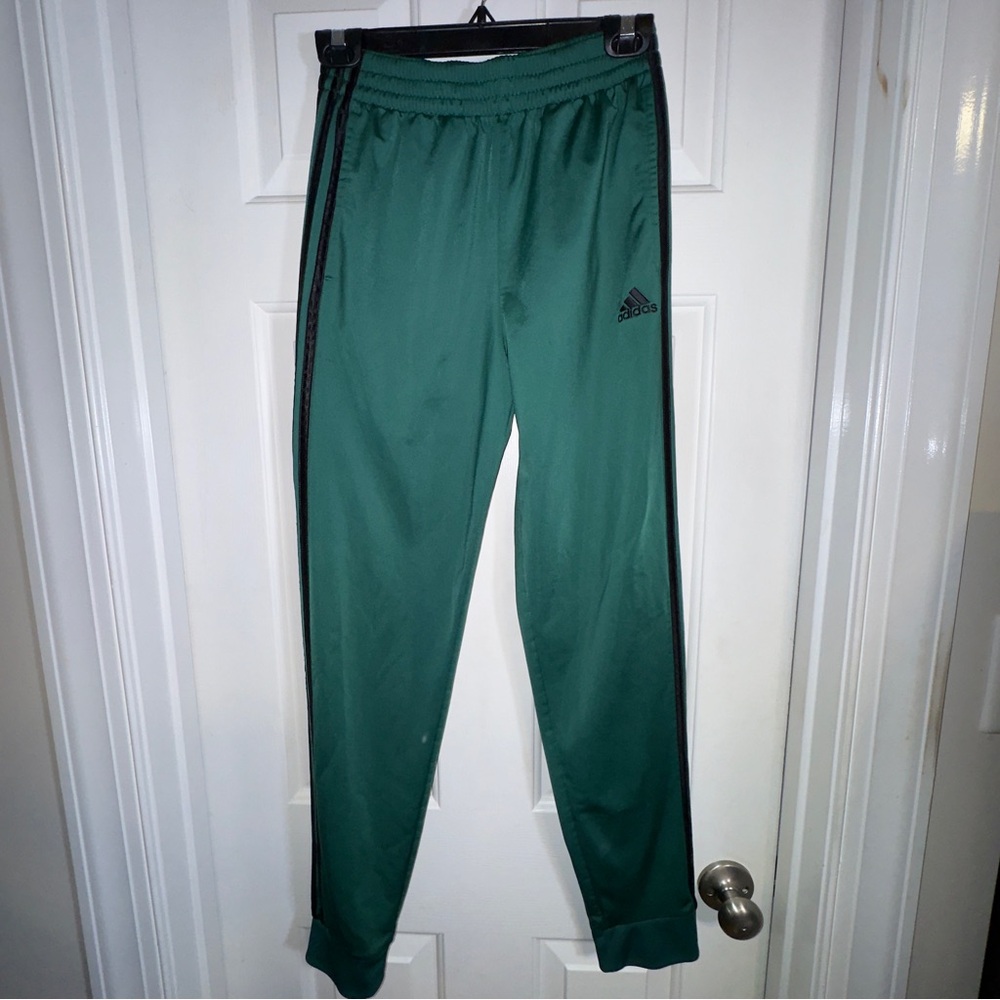 Youth Large Boys Adidas Track Pants (14/16). Green Blacks stripes.